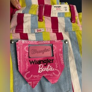 Wrangler Barbie Striped Wide Leg Jeans in Pink, Blue, Lime Green, White 33x34